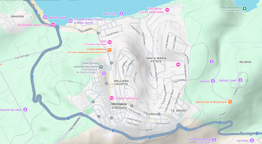 Рельеф Меллиехи в Google Maps