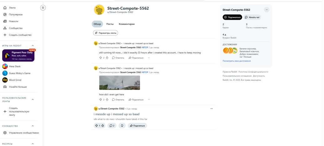 Полная страница профиля на Reddit