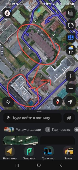 По отмеченным зданиям на карте определяется точка съёмки