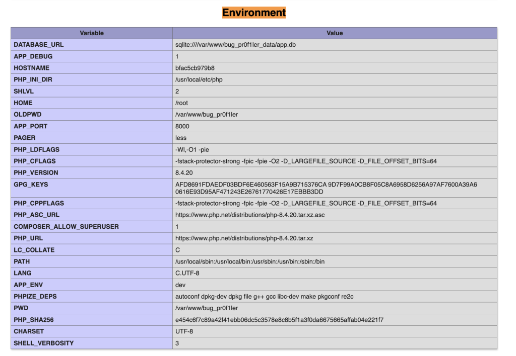 Переменные окружения приложения в phpinfo