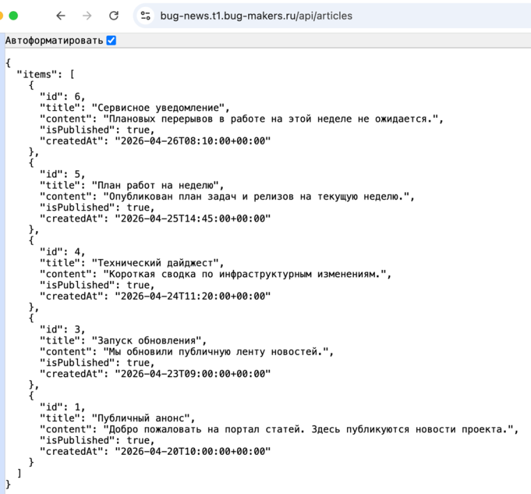 Список статей в ответе API api/articles