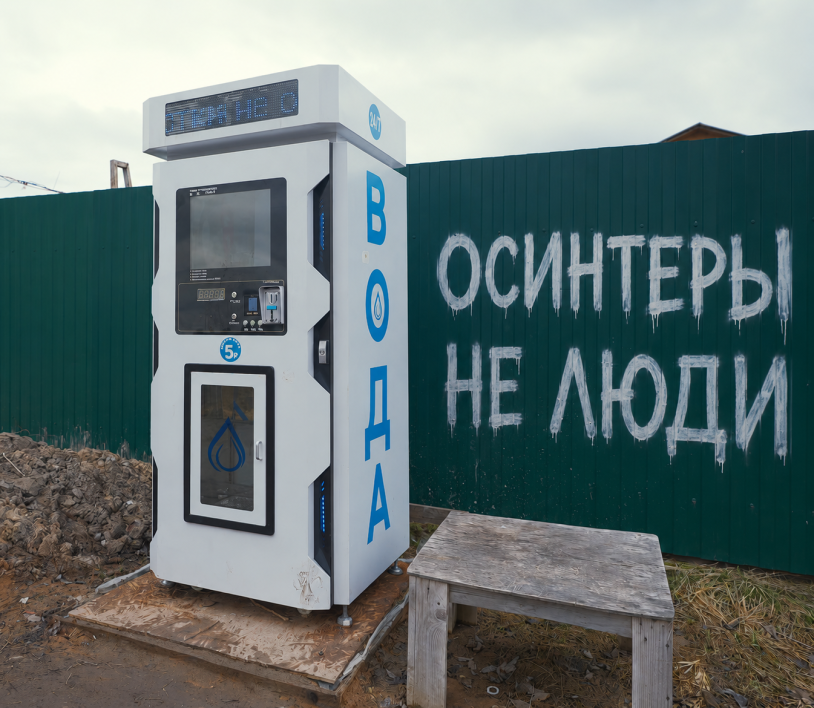 Исходная фотография водомата у зелёного забора