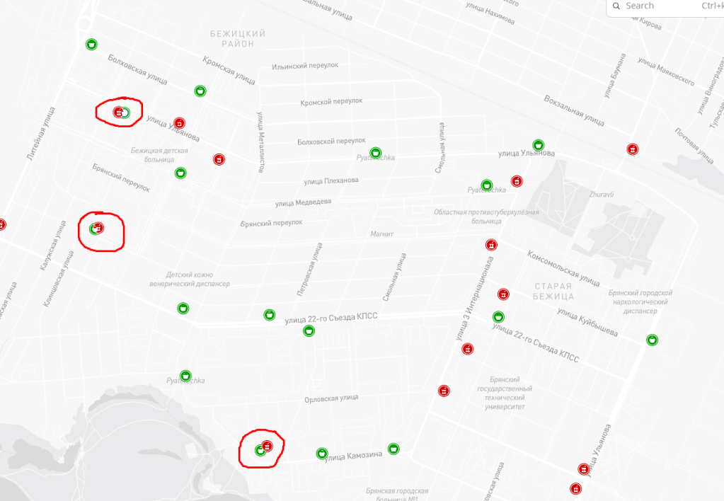 Пересечения адресов аптек и магазинов на карте