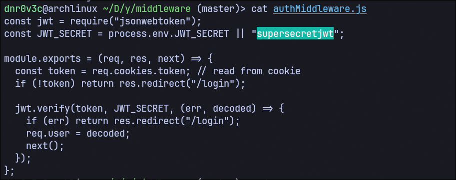 Проверка JWT и секрет в authMiddleware.js