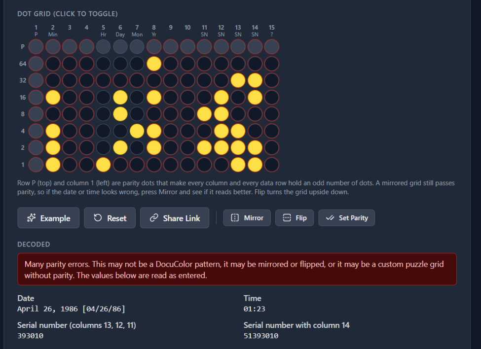 Расшифровка Yellow Tracking Dots онлайн-декодером